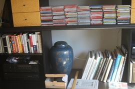 Large ceramic ginger jar, museum art books. Paperback and hard back books. large selection of CDs.