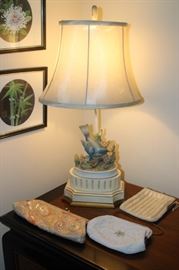 Beaded purses, table lamp.