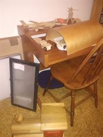 wood desk and chair, wooden toys
