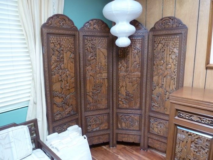 Carved 4 panel Chinese screen