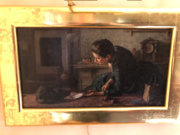 Framed Victorian Oil Woman Feeding Cat