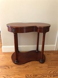 wonderfully unique shape to this entry or anywhere table. antique and in mint condition table measures 28"w x 17"d x 25"h more gorgeous wood! asking $180