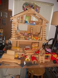 Wood Doll House with wood furnishings by Ryan;s Toys