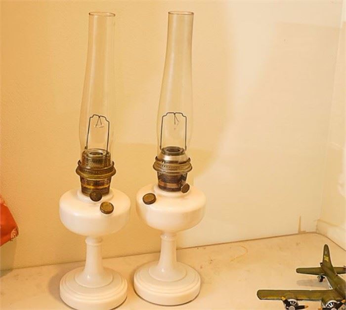 6MZ Pair Aladdin Model B Milk Glass Oil Lamps