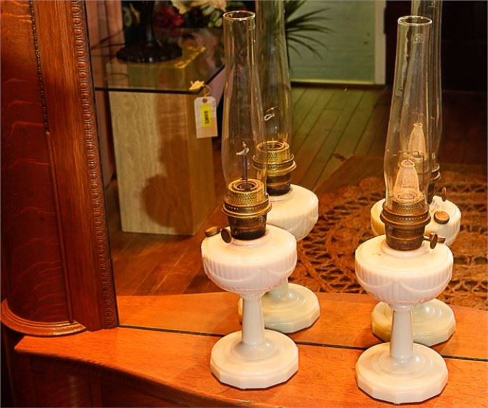 80MZ Pair Aladdin Milk Glass Oil Lamps
