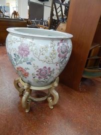 Large Oriental fish bowl on wood stand