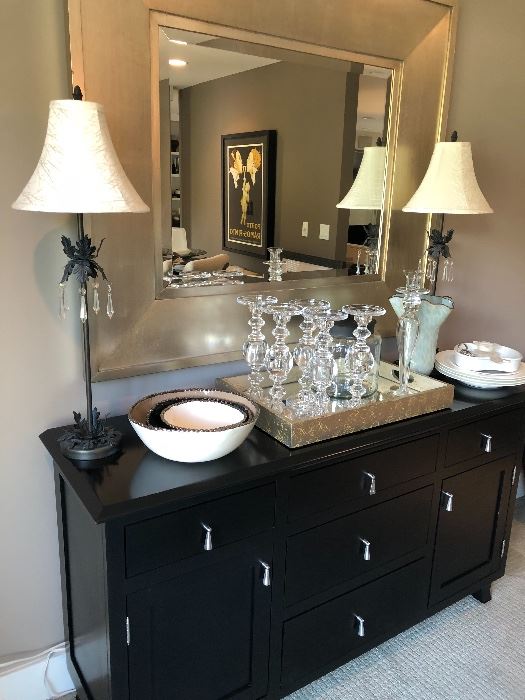 Sideboard - matched the counter height table, large modern mirror, buffet lamps (iron and crystal), glass pillar holders, enamel and pewter bows, and MORE!