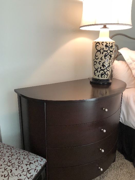 half-round nightstand chest or entryway piece and designer lamp