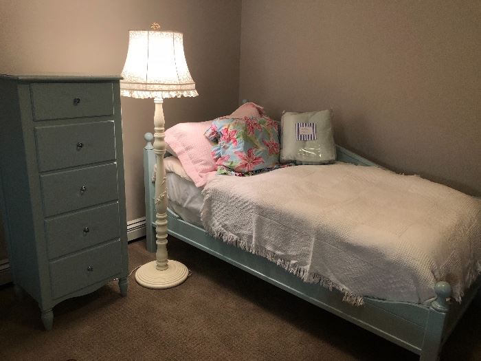 Twin bedframe and tall dresser in "Tiffany blue" - twin mattress set and floor lamp.  Designer linens - Pine Cone Hill and more 
