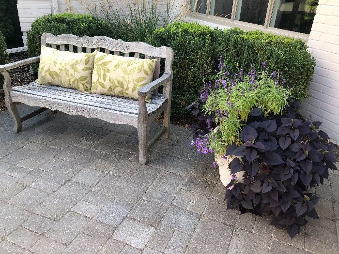 Teak bench and 2 cement planters 