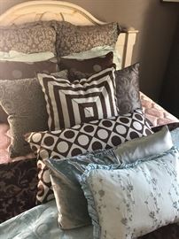BELLA NOTTE - Designer pillows, shams, duvets, coverlets, king bed skirt and down pillow inserts, view of queen bed frame by Lane.
