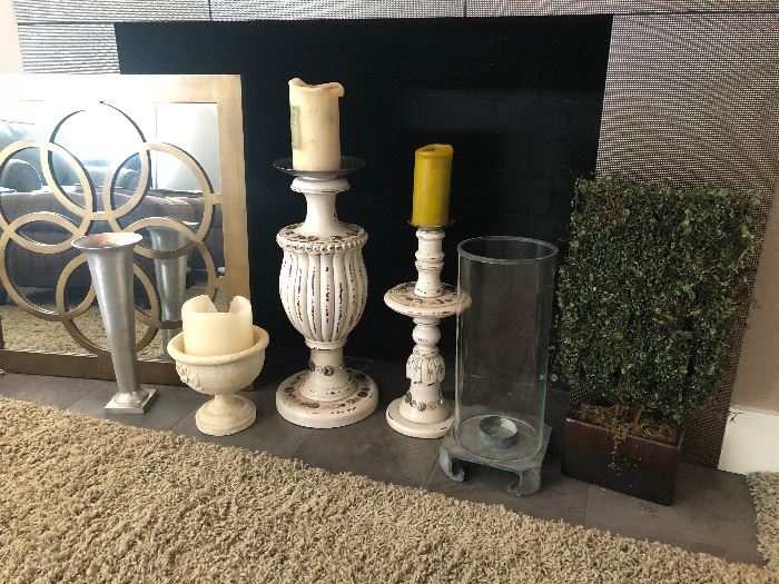 Large pillar candle holders, framed mirror and silk hedge planter