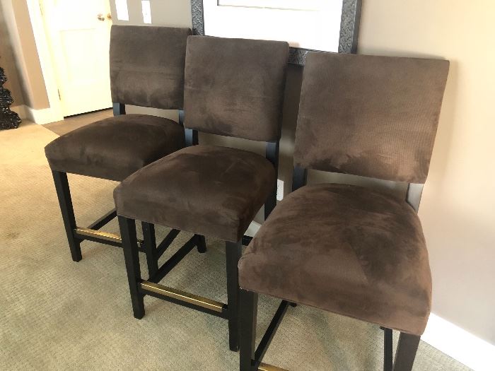 set of 3 brown velvet bar stools with burnished brass show rail