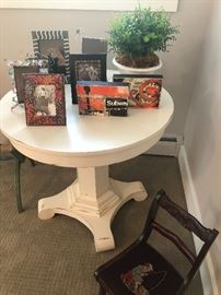 Round pedestal table, frames and needlepoint children's chair
