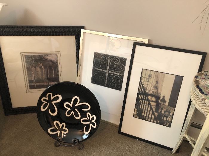 Black and white framed prints and large ceramic plate - great for impact