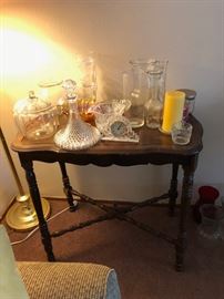 Vintage Side Table and Assorted Glass