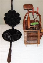 ANTIQUE WAFFLE IRON - LONG LEATHER COVERED HANDLES. 