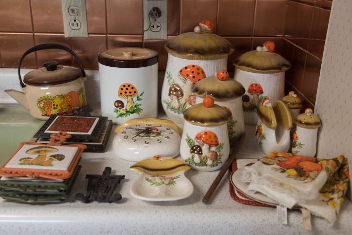 Collection Of Mushroom Items-1978 Sears Merry Mushroom Canisters, Mushroom Tin Canister Set, Mushroom Teapot