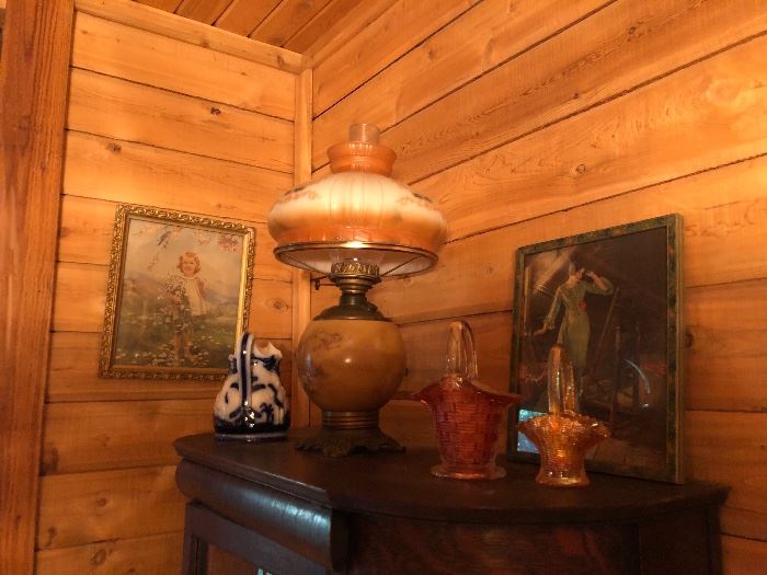 Carnival glass and Hurricane Lamp Flo Blue