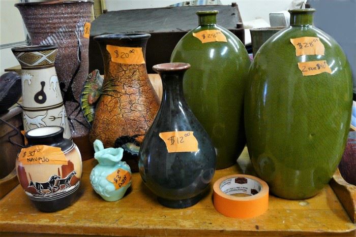 Nice collection of vases large including one small signed "Little Dine" Navajo "Horses" vase and one small AVON green glass pitcher.