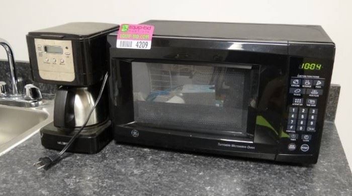 Black GE Microwave and Mr. Coffee Pot