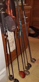 Modern and vintage golf items-left handed clubs, balls, much misc.