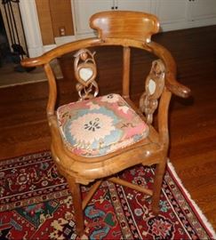 One of a pair - Chinese corner chairs inset with white Jade