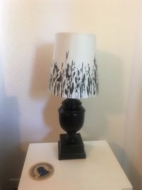 Black ceramic lamp with black & white shade