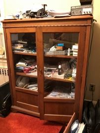 Wood and Glass Cabinet with Assorted Vintage Items and Instruments