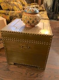 Brass Colored Nail Head Trunk with Decorative Ginger Jar
