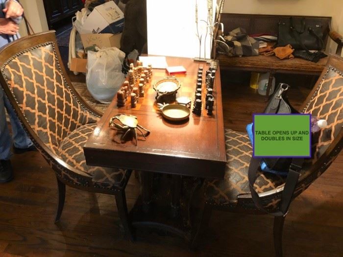 Game Table and Pair of Nail Head Chairs, Chess Pieces, and Other Decorative Pieces