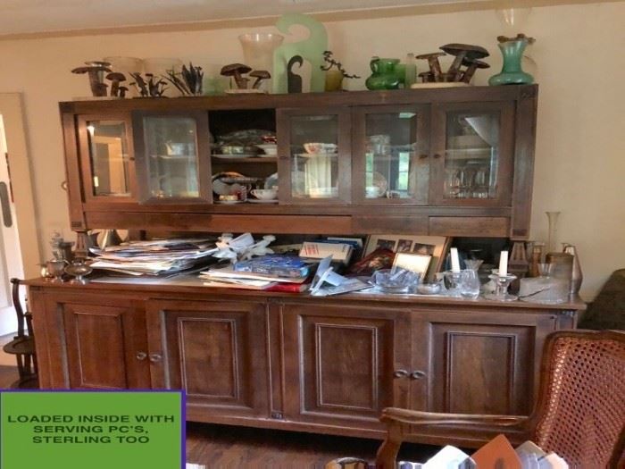 Extra Long Credenza and Hutch just Loaded with Serving Piece, Decorative Items and Sterling