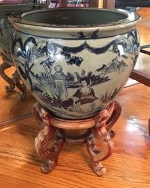 Celedon and Cobalt Planter Jar on Stand