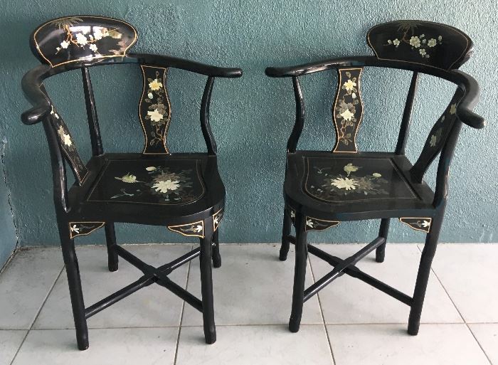 Lacquered Chinese Corner Chairs with Hardstone Carvings on Backs