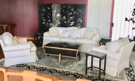 Damask Sofa and Club Chairs With 6-Panel Lacquer and Hardstone Screen