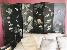 Chinese Lacquer 6-Panel Screen, 6 Feet Tall, with Beautifully Carved Hardstone  Peonies, Cranes Other Birds