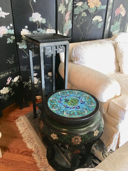Chinese Lacquered and Painted Occasional Table with Cloissone Inlaid Top