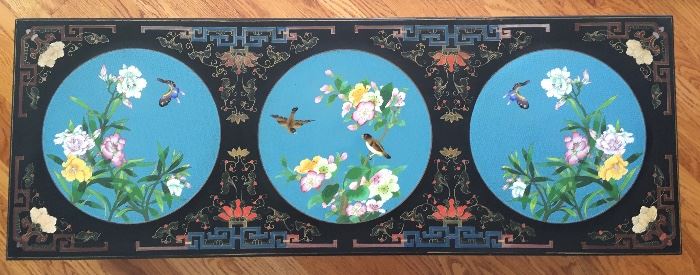 Early 20th Century Chinese Lacquer Table, Carved and Decorated with 3 Inlaid Cloisonne Pictures; Beautifully Detailed.   