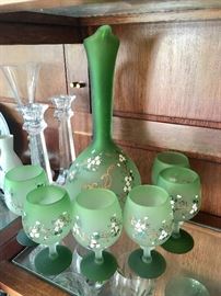 Shaded and Frosted Handblown Sherry Set;  Hand-Enameled Flowers