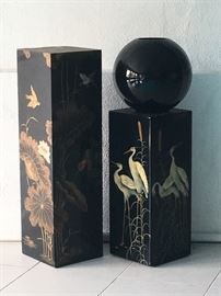 Lacquer Pedestals; Black-Glass Ball-Vase, Large