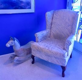 Polished Cotton Wing Chair; Pastel-Painted Wooden Rocking Horse