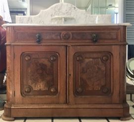 Antique Burl -front Washstand Base; Newer Marble Top