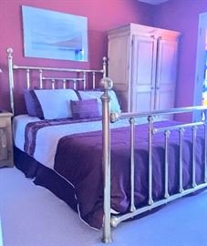 Queen Brass Bed; Pine Chests and Armoire