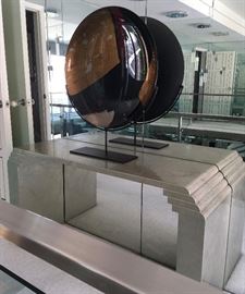 Large-Statement Reverse-Painted Glass Bowl on Stand over 80's "Deco Style" Lacquer -Finish Console (Coordinating mirror available)