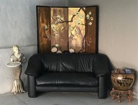 Hand-Painted Gilt Folding Screen 4-panels; Gilded Planter on Stand; Sofa Seating; Character Side Table 