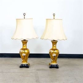 PAIR OF GOLD ASIAN FLORAL TABLE LAMPS