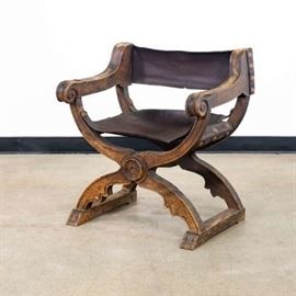 SPANISH STYLE LEATHER & CARVED WOOD ARMCHAIR 2