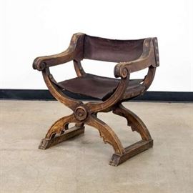 SPANISH STYLE LEATHER & CARVED WOOD ARMCHAIR 1