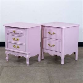 PAIR OF LAVENDER NIGHTSTANDS W/ ORNATE GOLD PULLS