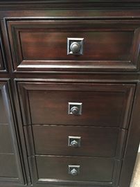 Beautiful dark cherry 9 drawer dresser and mirror. Up close look at hardware.